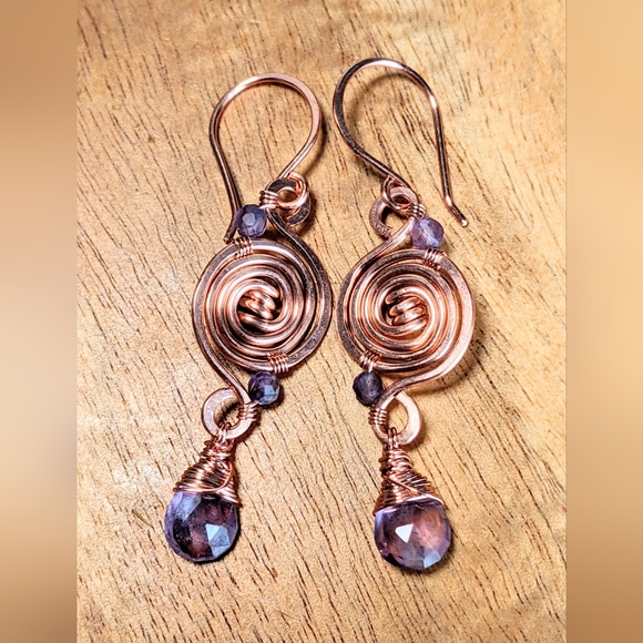Amethyst Copper Spiral Earrings Elegant Dangle Design - Picture 5 of 13